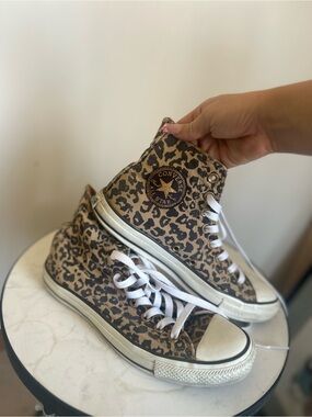Converse High Top Sneakers in Tan and Black Leopard Print